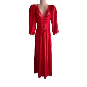 Vintage Olga Nightgown Womens Large Red Long Sleeve Lace Maxi Dress 92350 USA